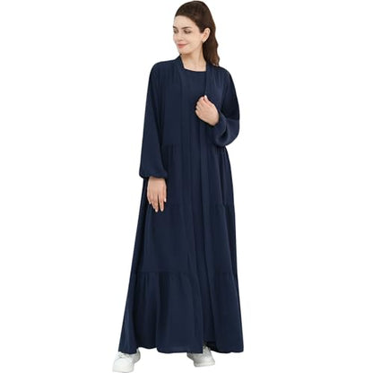 Women Muslim Abaya Dress 2PCS Soft Flowing Cardigan Dress Set Islamic Dubai Modest Kaftan Prayer Robe - color: Navy, size: Small