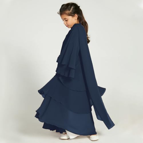 Chiffon layered Open Abaya Dubai Kaftan Muslim Cardigan Abayas Dresses For Girls Casual Robe Kimono Islam Clothing - color: Navy Blue, size: 11-12 Years