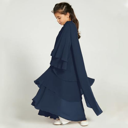Chiffon layered Open Abaya Dubai Kaftan Muslim Cardigan Abayas Dresses For Girls Casual Robe Kimono Islam Clothing - color: Navy Blue, size: 11-12 Years