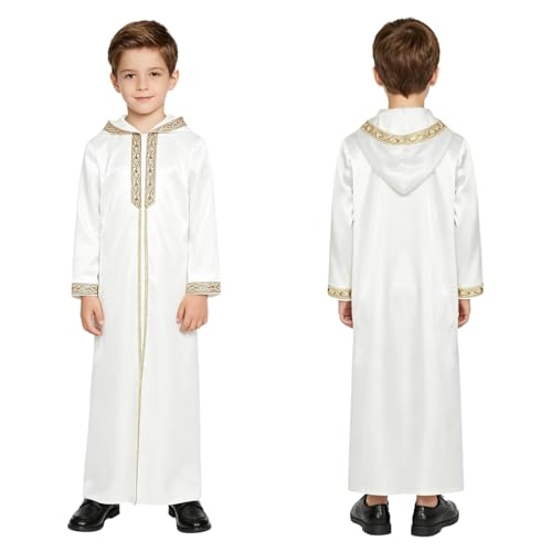Kids Boys Thobe Muslim Prayer Clothes Saudi Dubai Robe Kaftan Zipper Dishdasha Islamic Eid Ramadan Outfits - color: White, size: 6