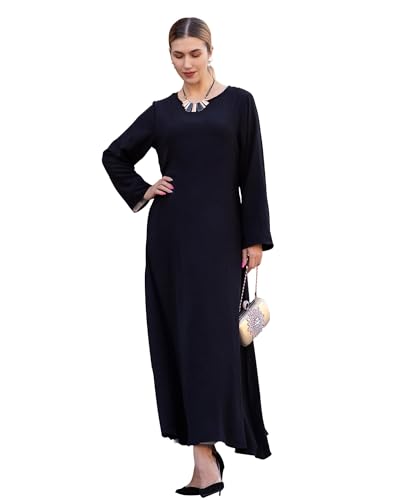 Solid Color Women Abaya Modest Muslim Prayer Robe Long Sleeve Dubai Maxi Dress Islamic Lightweight Dress - color: Black, size: Medium