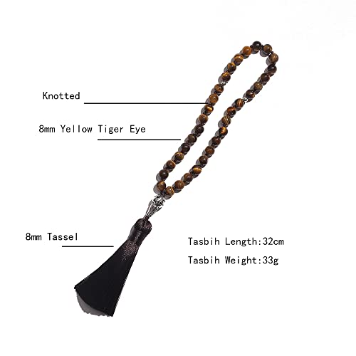 Tasbih Prayer Beads Allah & Muhammad Islamic Prayer Rosary Muslim Islam Misbaha Tasbeeh Sibha 99 Prayer Beads Necklace 33 Prayer Beads Bracelet - color: 8mm Yellow Tiger Eye 33 Beads