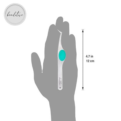 Beaditive High Precision Angled Tip Tweezers with Cushion Grip - 4.7" Craft Tweezers for Sewing, Beading & DIY Crafts - Non-Serrated Jewelry Tweezers with Fine Angled Tips - Stainless Steel (Teal) - color: Teal