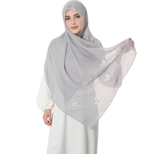 Muslim Prayer Hijab for Women Lightweight Pearl Chiffon Scarfs 3-D Butterfly Embroidery with Glitters Beads Islamic Hijab - color: Light Gray