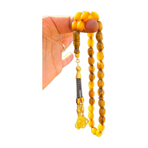 Amber Prayer Beads with Gold Plated Tassel Genuine Amber Stone for Men - Traditional Islamic Tasbih for Daily Use and Special Occasions - Yellow Color, One Size - Yellow