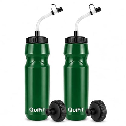 QuiFit Hockey Water Bottle with Long Straw -32oz Lacrosse Water Bottle 2 Pack with 2 Lids Each- BPA Free Squeeze Sports Water Bottles, Leakproof Dishwasher Safe- for Helmet,Lacrosse (Green) - color: Green