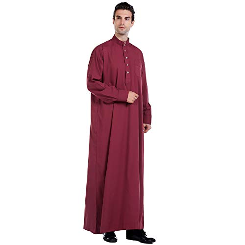 Men Arabic Long Sleeve Pure Color Thobe Crew Stand Collar Kaftan Robe with Button - color: Red, size: XX-Large