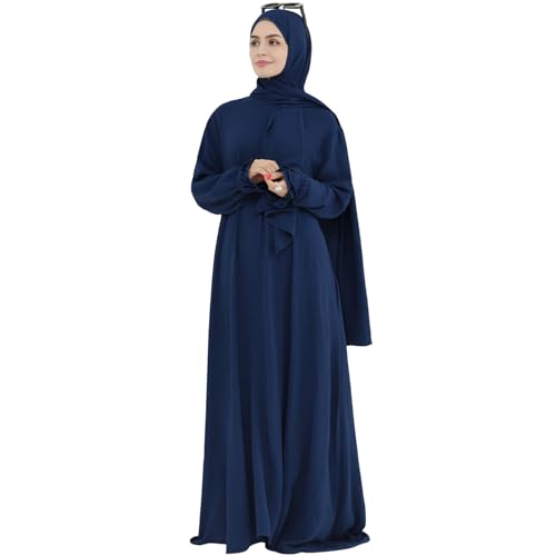 Women Muslim Dress Middle East Arabian Robe Islamic Modest Dress with Hijab Scarf Lace Sleeve Flowy Abaya Dress - color: Navy