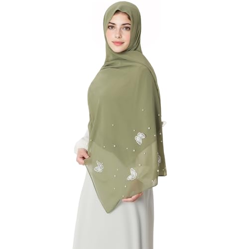 Muslim Prayer Hijab for Women Lightweight Pearl Chiffon Scarfs 3-D Butterfly Embroidery with Glitters Beads Islamic Hijab - color: Green