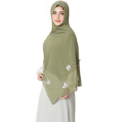 Muslim Prayer Hijab for Women Lightweight Pearl Chiffon Scarfs 3-D Butterfly Embroidery with Glitters Beads Islamic Hijab - color: Green