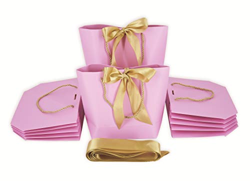 HUAPRINT Small Gift Bags with Handles, Pink, 12 Pack, 7.48×3.54×7.9 IN | Party Favor Paper Bags with Bow Ribbon for Birthday, Wedding, Bridesmaid, Holiday , Shopping, Presents - color: Pink