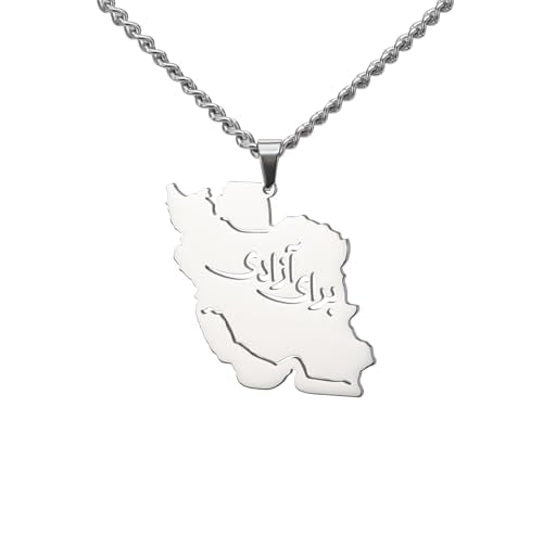 Iran Map Necklace Iranian Flag Persian Calligraphy Pendant Patriotic Heritage Pride Peace Jewelry Souvenir Series Gifts for Women Men - color: "برای آزادی "-For freedom silver