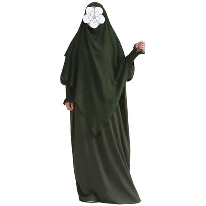 khalat Womens Muslim Prayer Dress Front Zipper Kaftan Islamic Robe Modest Solid Abayas for Women Muslim - color: Army Green+hijab