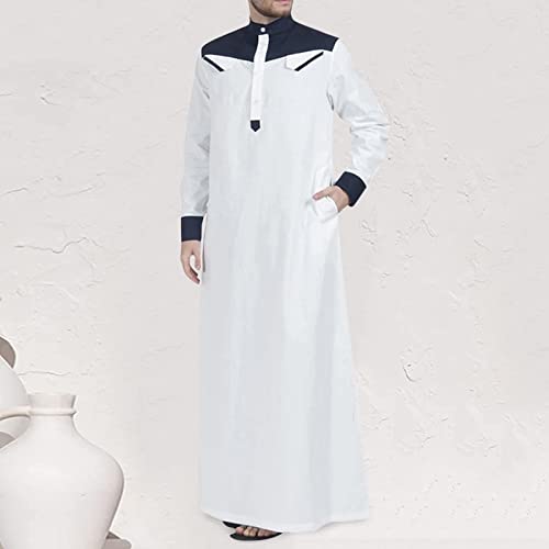 Men's Muslim Thobe Casual Islamic Long Sleeves Button Down Kaftan Arab Clothing Muslim Gown for Men - color: Navy, size: Medium