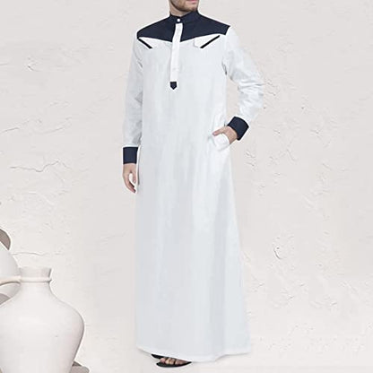 Men's Muslim Thobe Casual Islamic Long Sleeves Button Down Kaftan Arab Clothing Muslim Gown for Men - color: Navy, size: Small