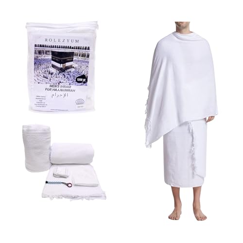 Islamic Men's Ihram Set for Hajj Umrah 100% Cotton umrah Towel with Belt Kufi and Tawaf Beads for Muslim Men 43X86 inch (110 x 220 cm)