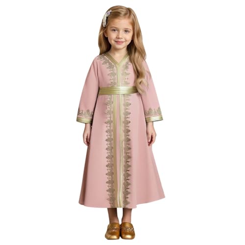 Muslim Dress for Kids Girls Abaya Middle East Ramadan Long Sleeve Lace Prayer Dress Arabic Kaftan with Belt - color: Pink, size: 9-10 Years