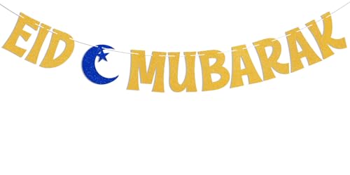 Eid Mubarak Banner - Happy Eid Decor, Ramadan Party Decor, Ramadan Kareem Banner, Hajj Mubarak Umrah Mubarak Islamic Party Decorations Gold