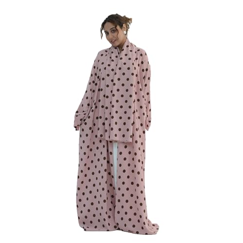 Women Open Front Abaya Dubai Polka Dot Jilbab Islamic Gorgeous Cardigan with Headscarf - color: Pink