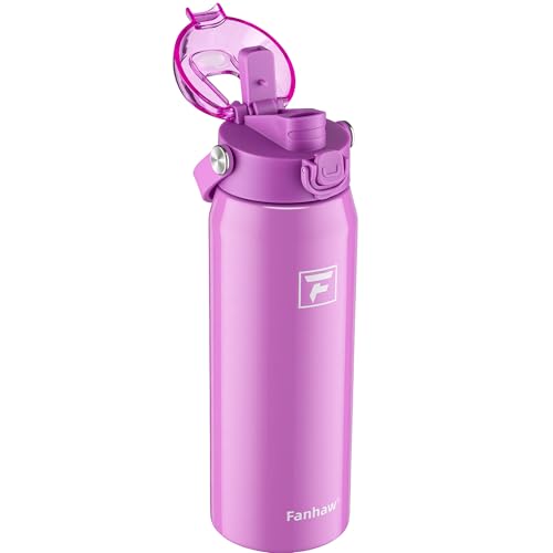 Fanhaw 24 oz Insulated Stainless Steel Water Bottle with 2-in-1 Straw& Chug Lid, Leakproof Wide Mouth Vacuum Bottle for School, Sports, Kids, Teens& Adults, Back to School Essentials (Purple) - color: Purple