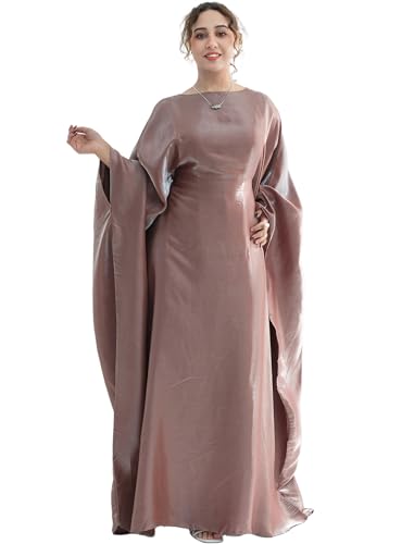 Dubai Bat Sleeve Dress Shiny Robe for Women Muslim 1pc Abaya Eid Prayer Clothes Soft Dubai Travel Party Dress Maxi Abaya - color: Dried Rosea, size: Medium