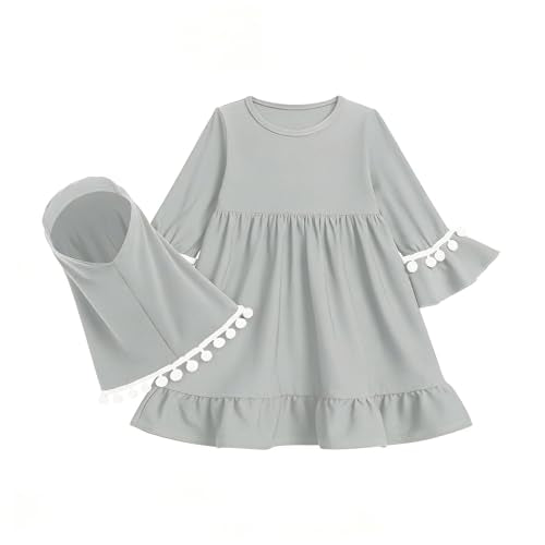Muslim Prayer Dress 2 Piece Set Baby Toddler Long Sleeve Abaya with Hijab Islamic Scarf Kaftan Robe Ramadan Outfit - color: Grey, size: 0-6 Months