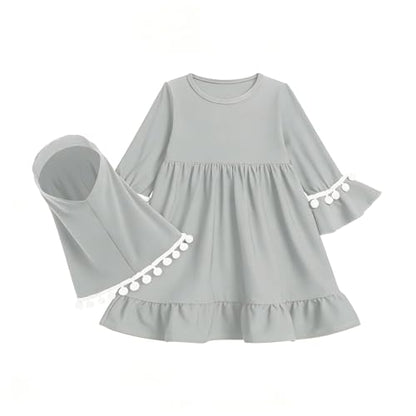 Muslim Prayer Dress 2 Piece Set Baby Toddler Long Sleeve Abaya with Hijab Islamic Scarf Kaftan Robe Ramadan Outfit - color: Grey, size: 0-6 Months