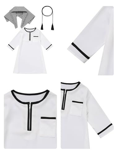 ODASDO Muslim Baby Boys Abaya Robe with Head Scarf Toddler Kids Newborn Prayer Outfit Islamic Clothing - color: White + Black, size: 12-24 Months