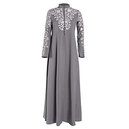 Islamic Fashion Dresses Middle Eastern Ethnic Kaftan Button Print Muslim Long Dress Dubai Turkey Arab Jilbab Dress - color: Grey, size: 4X-Large