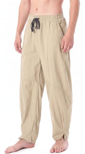 perdontoo Men's Linen Cotton Loose Fit Casual Lightweight Elastic Waist Summer Beach Pants - color: Khaki, size: X-Large