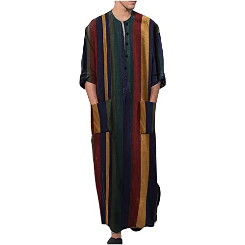Men's Muslim Kaftan Thobe 3/4 Sleeve East Islamic Saudi Arabic Robes Lightweight Stripe Printed Dubai Caftan Gown - color: Yellow, size: XX-Large