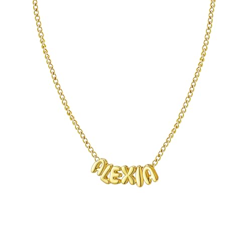Ldurian Personalized Bubble Name Necklace, Tiny Name Plate Pendant Necklace, 14K Gold Plated Charm Cute Pre-made Jewelry for Women - size: 17 Alexia