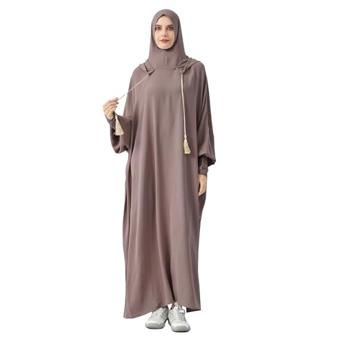Abaya Muslim Dress Women Prayer Dress Long Sleeve Hooded Loose Maxi Dress Arabian Dubai Islamic Clothes - color: Gray Lilac
