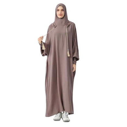 Abaya Muslim Dress Women Prayer Dress Long Sleeve Hooded Loose Maxi Dress Arabian Dubai Islamic Clothes - color: Gray Lilac