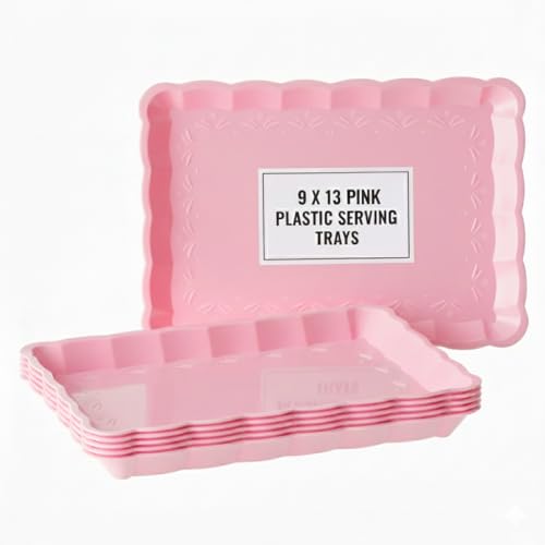 6 Pack Pink Plastic Serving Trays for Party, 9 x 13 Inch - Heavy Duty Plastic Trays for Food - Rectangular Party Serving Trays and Platters - Pink Disposable Trays - color: Pink
