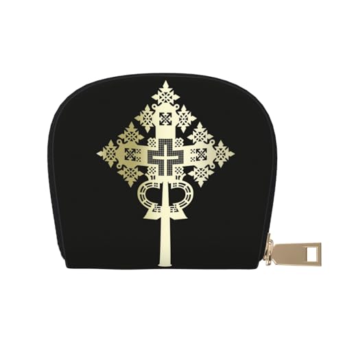 Ethiopian Cross RFID Blocking Semi Circle Card Holder PU Leather Zipper Wallet Pouch Keychain Bag for Women Men, Slim Small Credit Card Case Organizer with 12 Slots - color: Ethiopian Cross3