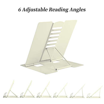 MSDADA Book Stand Metal Reading Rest Book Holder Adjustable Cookbook Documents Holder Portable Sturdy Bookstands for Recipes Textbooks Tablet Music Books with Page Clips Gifts for Girls (Milky White) - color: Milky White