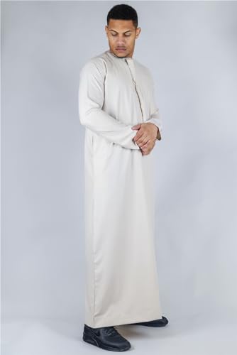 Men's Thobe Emirati Omani Jubba Islamic Clothing Muslim Kaftan Eid Robe Arab String Tassel - color: Beige Regular, size: 54