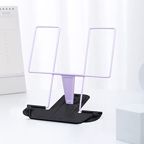 MSDADA Metal Book Stand for Desk, Adjustable Reading Rest Book Holder, Portable Cookbook Documents Holder, Sturdy Typing Stand for Recipes Textbooks Tablet Music Books with Page Clips (Purple+Black) - color: Purple+black