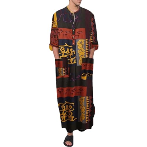 Lu's Chic Men's Kaftan Robe 3/4 Sleeve Long Gown Cotton House Coat Buttons Night Shirt Vintage Thobe Full Length with Pockets - color: Style4, size: Small