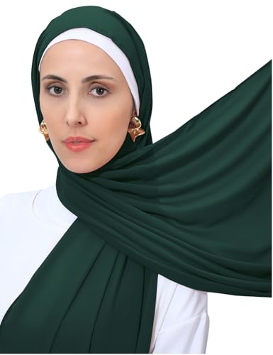 Heavy Not Easily See Through Long Chiffon Hijab Scarf for Women, Amazing Smooth Muslim Head Scarves - color: Dark Green