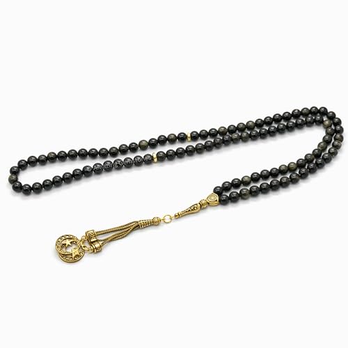 Amazing Gemstone Crystal Tasbeeh with Moon and Star Charm - Certified Crystal Muslim Prayer Beads Natural Gemstone Tasbih Gift for Ramadan Dhikr and Daily Namaz (G) - color: Gold Sheen Obsidian