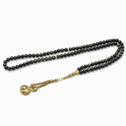 Amazing Gemstone Crystal Tasbeeh with Moon and Star Charm - Certified Crystal Muslim Prayer Beads Natural Gemstone Tasbih Gift for Ramadan Dhikr and Daily Namaz (G) - color: Gold Sheen Obsidian