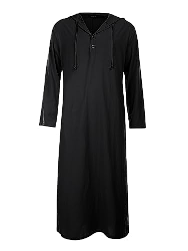Jacansi Men's 65% Cotton 35% Linen Hooded Kaftan, Long Sleeve Button Down Thobe, Loose Casual Gown with Pockets - color: Black, size: Large