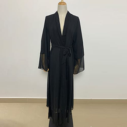 Abayas for Women Muslim Dubai Dress Solid Loose Fit Long Cardigan Islamic Kaftan Robe Open Front Maxi Length - color: Black, size: Small