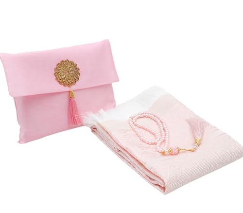 Prien Muslim Prayer Rug with Tasbih and Portable Bag, Muslim Gift for Women Men, Mubarak Islamic Box, Soft Mat Islam Gifts Set, Turkish Sajadah for Ramadan, Eid, Hajj, Travel, Pray (Pink) - color: Pink