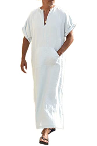 COOFANDY Men's V-Neck Linen Robe Short Sleeve Kaftan Thobe Long Gown Casual Shirt for Beach, Summer - color: 01-white, size: Small