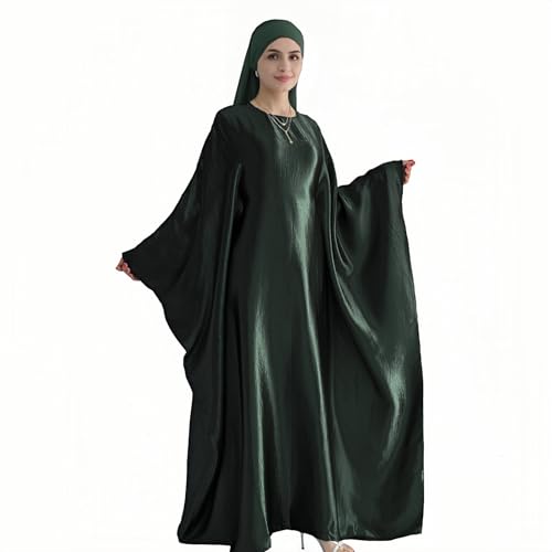 Abaya Muslim Women Dress Satin Batwing Sleeve Kaftan Maxi Arabian Dubai Islamic Ramadan Prayer Dress with Hijab Scarf - color: Dark Green
