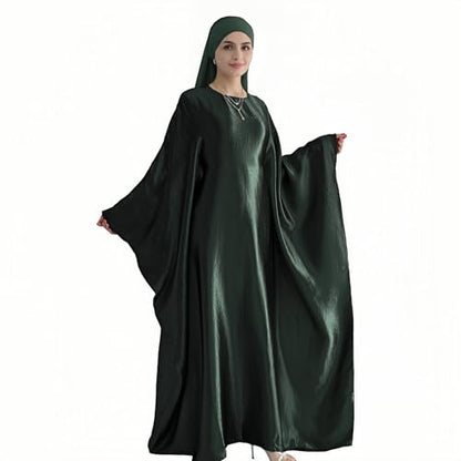 Abaya Muslim Women Dress Satin Batwing Sleeve Kaftan Maxi Arabian Dubai Islamic Ramadan Prayer Dress with Hijab Scarf - color: Dark Green