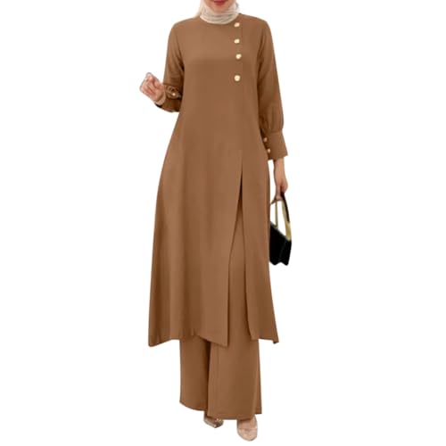 IDOPIP Abaya Dress for Women Muslim Set Long Sleeve Ramadan Islamic Dress Shirt with Pants 2PCS Dubai Prayer Casual Clothes - color: Khaki - Split, size: Medium